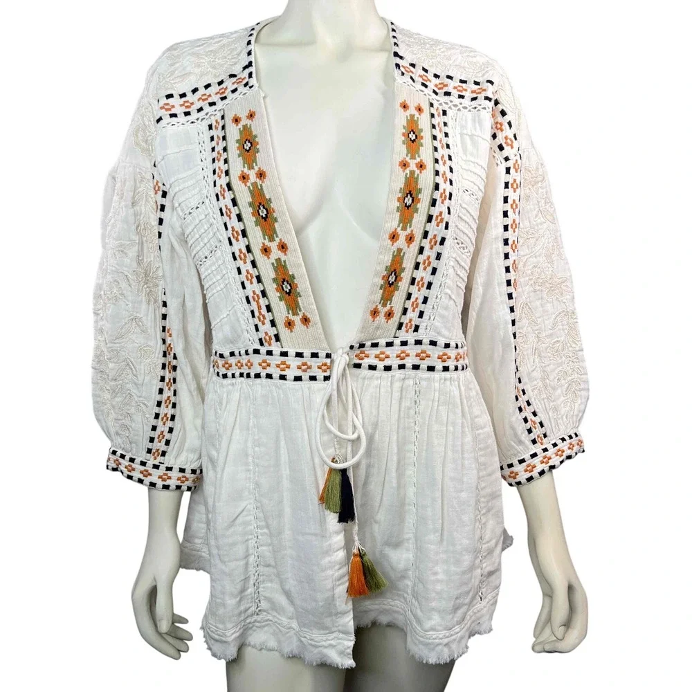 Sundance Marshmallow Embroidered Tassel Tie Open Front Bohemian Jacket‎ Womens L - Picture 12 of 12